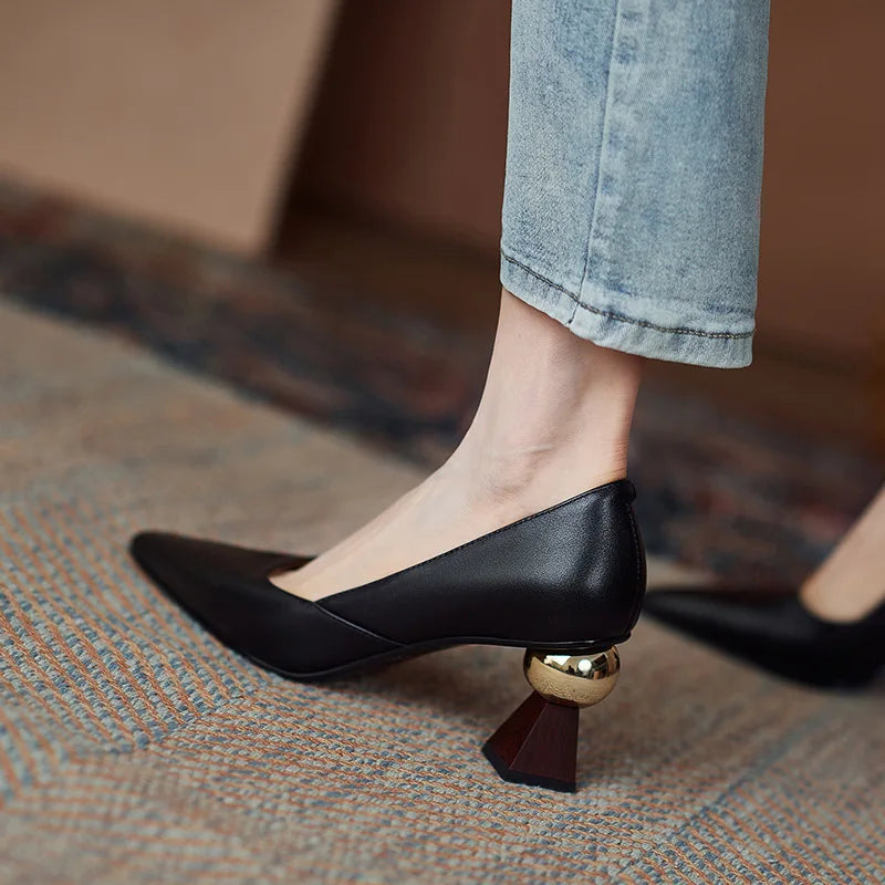 Aiertu  -  Handmade Leather Women Pumps Sexy Chic Stylish Pointed Toe Office Working Shoes Strange High Heel Black Stilettos Dress Shoes Aiertu