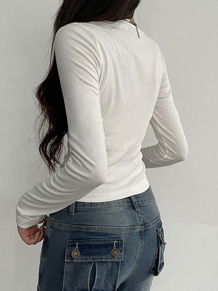 Aiertu - summer inspo Ruched Tie Lace Trim Square Collar Slim Long Sleeve White Y2K T Shirt Women Cute Japanese Kawaii Clothing Aiertu
