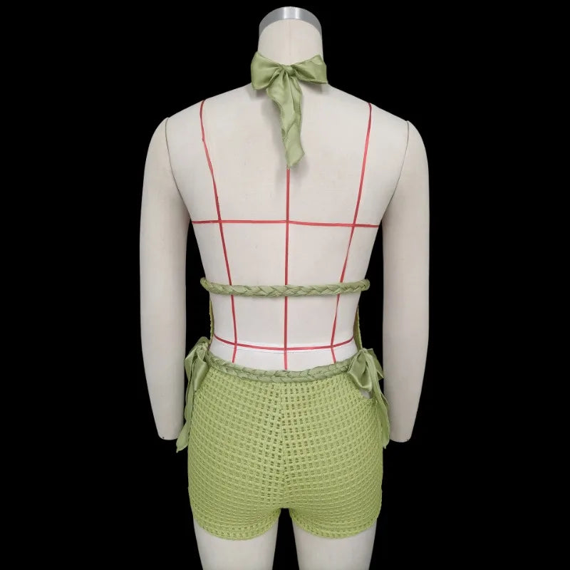 Aiertu  -  Chic Knit Bow Bandage Hollow Out Shorts Sets Women Sexy Backless Crop Tops Shorts 2 Piece Holiday Beach Covers Women Outfits Aiertu
