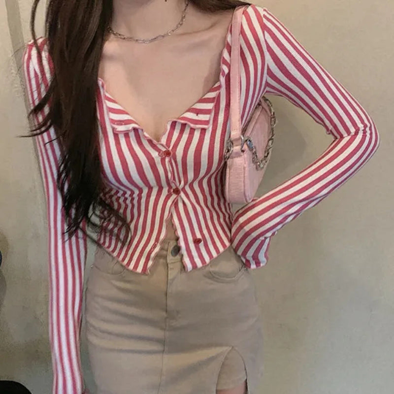 Aiertu Vintage Striped Shirts Women Y2K Tunic Slim Crop Tops Streetwear Korean Harajuku Long Sleeve Skinny Casual Blouses New Aiertu