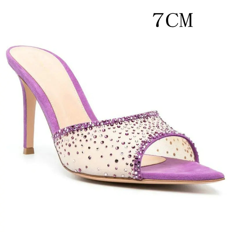 Aiertu  -  European Style Fashion Stiletto Rhinester High-heeled Slippers Pointed Open-toed Slip-on Slides Aiertu