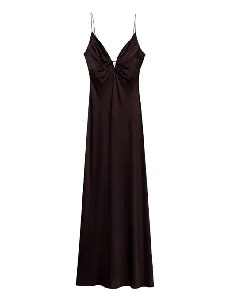 Aiertu  -  Deep V-neck Spaghetti Strap Midi Dress Women Sleeveless Backless Chic Zipper Lace Up Evening Dresses 2025 Summer Satin Robe Aiertu