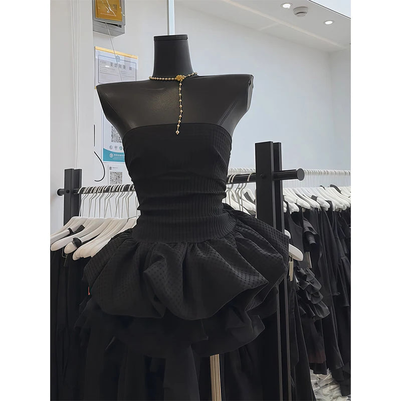 Aiertu  -  Vintage Black Mini Dress Women Party Prom Sexy Strapless Ball Gown Dresses Summer Korean Bodycon Design A Line Vestidos Aiertu
