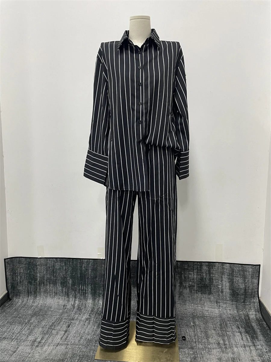 Aiertu  -  Black Striped Pants Sets Women Spring Single Breasted Long Sleeve Blouse+Wide Trouser Suits Elegant Casual Fashion 2 Piece Set Aiertu