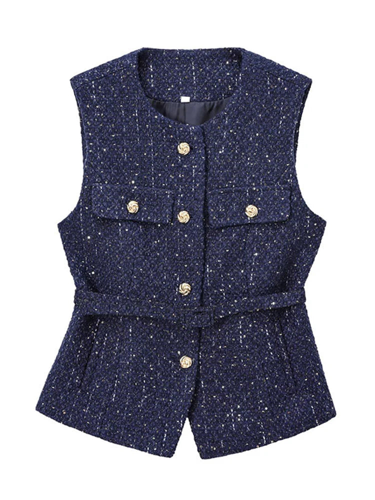 Aiertu  -  Elegant Solid Tweed Sequin Women Vests Sleeveless O-Neck Female Tank Fashion Slim Autumn Single Breasted Lady Waistcoat Aiertu