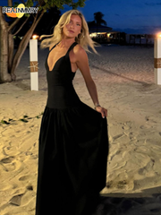 Aiertu  -  Sexy Black Deep V-neck Sling Long Dress Patchwork Backless Sleeveless Dresses 2025 New Spring Summer Female High Street Vestidos Aiertu