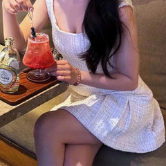 Aiertu  -  French Style Vintage Spring Tweed Tank Dress For Women Elegant Square Neck Sleeveless A-line Mini Dresses Party Robe Aiertu