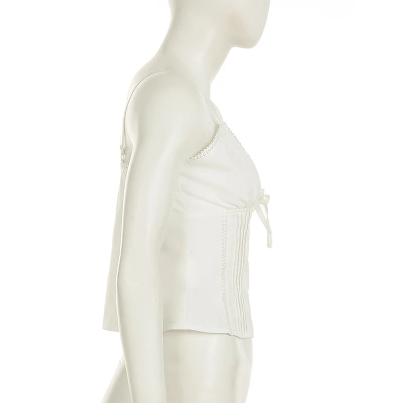 Aiertu  -  Solid Fold Texture Bow Sexy Camisole Deep V-neck Casual Streetwear All-match White Summer Top Chic Vintage Vest Aiertu