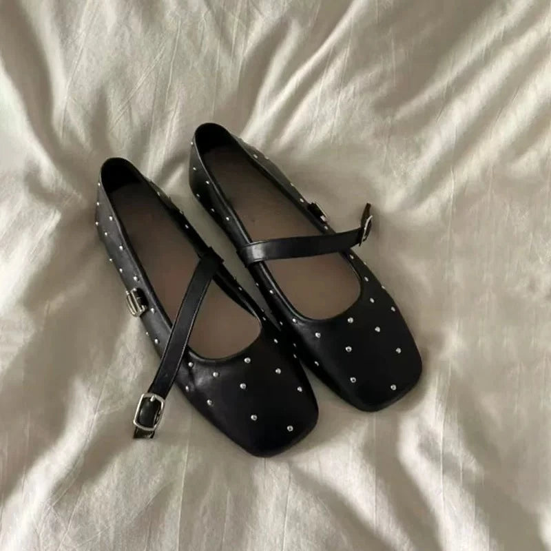 Aiertu  -   Square Toe Red Rivet Mary Jane Shoes Women Elegant Spring Autumn Flats Shoes Ladies Shallow Casual Black Loafers Footwear 2025 Aiertu