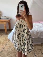 Aiertu  -  Y2K Patchwork Halter Mini Dress For Women Chic Floral Print Sleeveless Backless Party Dress Summer Vacation Beach Lady Vestidos Aiertu