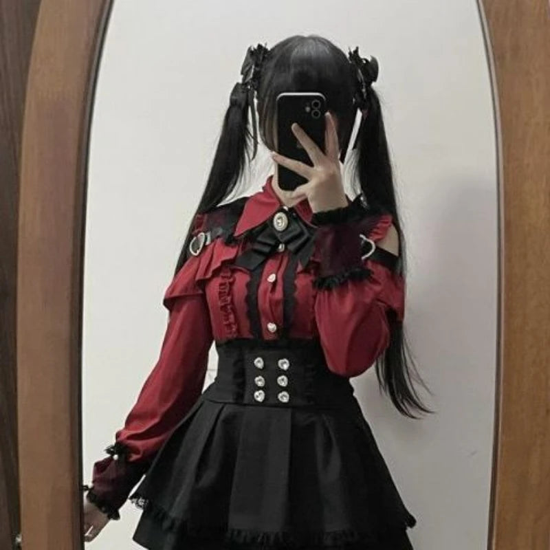 Aiertu Japanese Black Short Skirt Set Gothic Ruffle Mini Skirts Sexy Lace Off Shoulder Lolita Shirt Gown Faldas Y2k Aesthetic Suit Aiertu