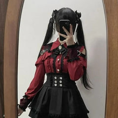 Aiertu Japanese Black Short Skirt Set Gothic Ruffle Mini Skirts Sexy Lace Off Shoulder Lolita Shirt Gown Faldas Y2k Aesthetic Suit Aiertu