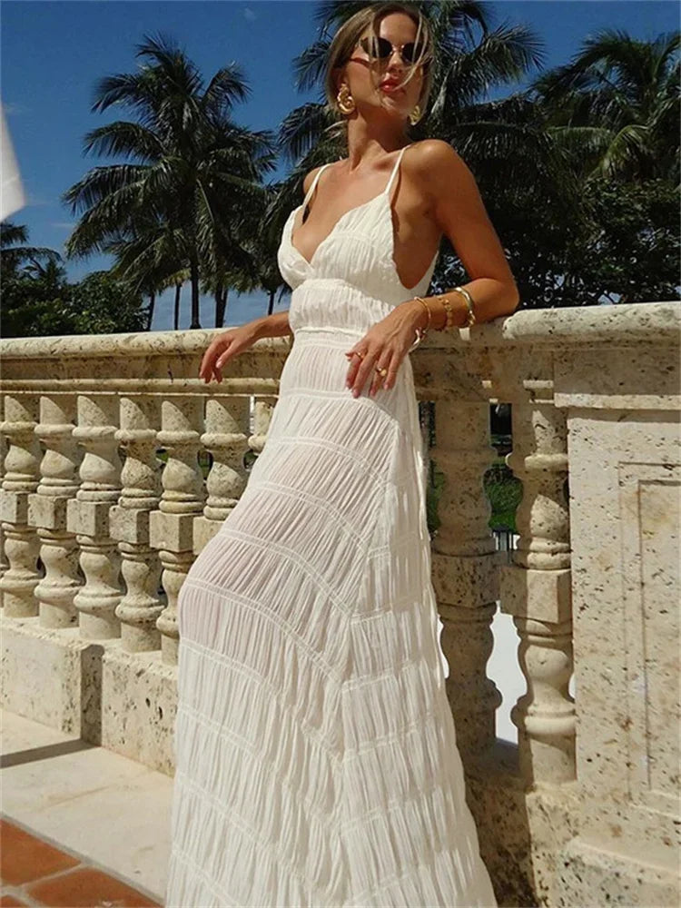 Aiertu  -  Ladies Elegant Halter Dresses V-Neck Sleeveless High Waist Patchwork Spaghetti Backless Party Dress Women 2025 Long Dress Aiertu