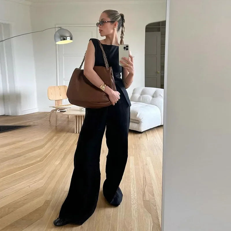 Aiertu  -  Elegant Striped Print Vest Pants Set Women Asymmetric Single Breasted Tops Wide Leg Trouser 2026 Summer Lady Casual Outfits Aiertu