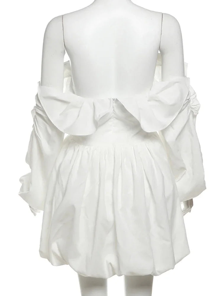 Aiertu  -  Off Shoulder Ruffle Dress White Slim Sexy Backless Long Sleeve Mini Dresses For Women's Patchwork Club Party Dress Femme Aiertu