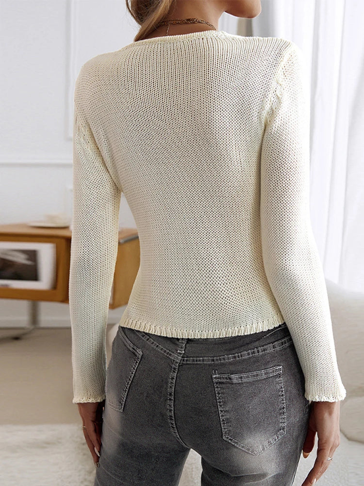 Aiertu  -  Y2K Women Knitted Sweaters Casual O Neck Long Sleeve Hollow Out Female Pullover Autumn Basic Soft Warm Lady Sweater Outwear Aiertu