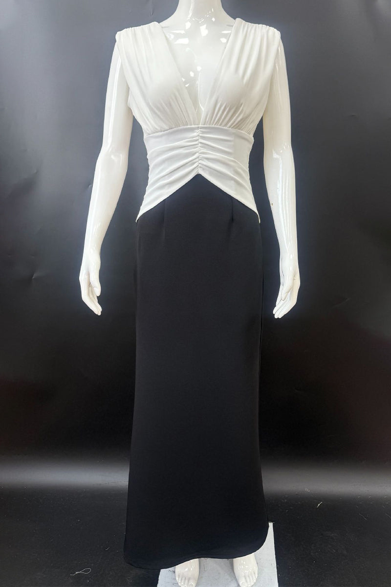 Aiertu  -  Sexy Backless Ruched Contrast V Neck Long Dresses Aiertu