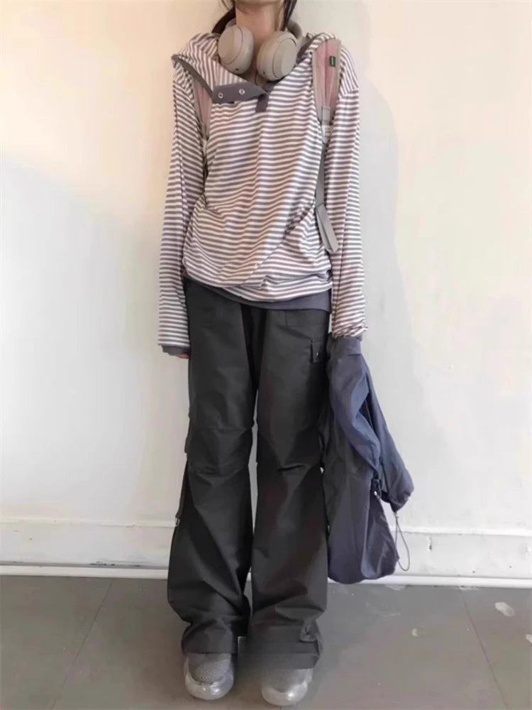 Aiertu  -  Korean Y2k Aesthetics Vintage Stripe Single Breasted Tshirts Women Harajuku Hooded T-shirt Streetwear Grunge Casual Loose Tees Aiertu