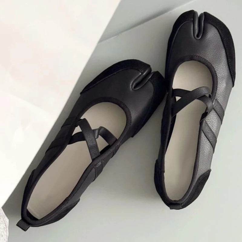 Aiertu  -   Split-Toe Casual Ballet Flats Shoes Women Pu Leather Cross Band Mary Janes Shoes Spring Autumn Streetwear Elegant Loafers New Aiertu