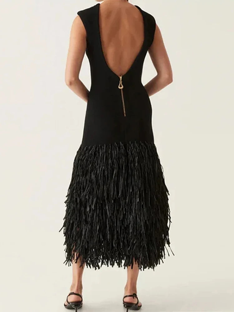 Aiertu  -  Sexy Fringed Knit Long Dresses Women Slim Sleeveless O-neck Backless Zipper Package Hip Dress Female 2026 Summer Party Lady Robe Aiertu