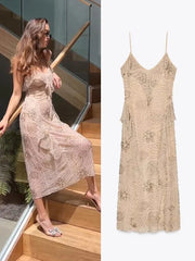 Aiertu  Chic Floral Sequin Bead Embroidery Ruffle Sling Dress For Women Y2k Sleeveless Backless Evening Dress Vacation Beach Party Robes Aiertu