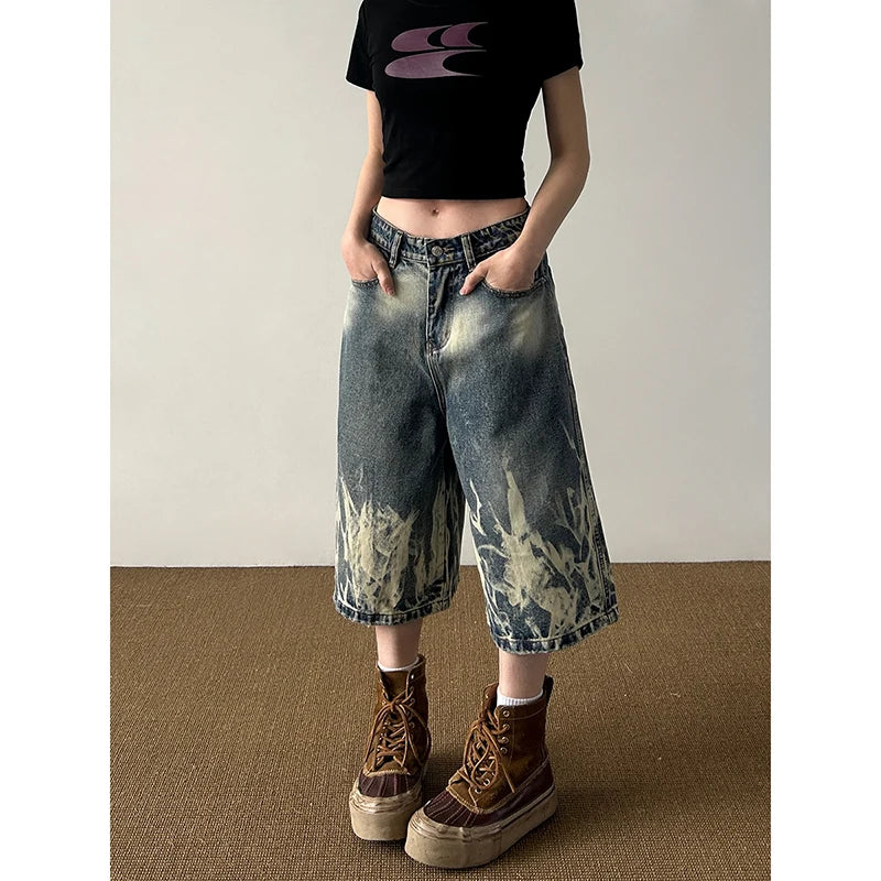 Aiertu  American Vintage High Waist Trashy Loose Jeans 2025 Summer Women's Casual Baggy Y2K Shorts Wide Leg Grunge Print Denim Shorts Aiertu