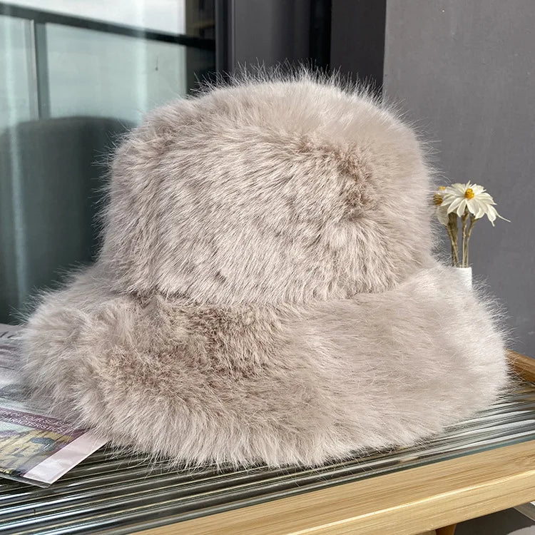 Aiertu  -  Autumn Winter Women Keep Warm Rainbow Faux Fox Fur Basin Cap Female Fashion Casual Party Bucket hat Music Festival Thickened Hat Aiertu