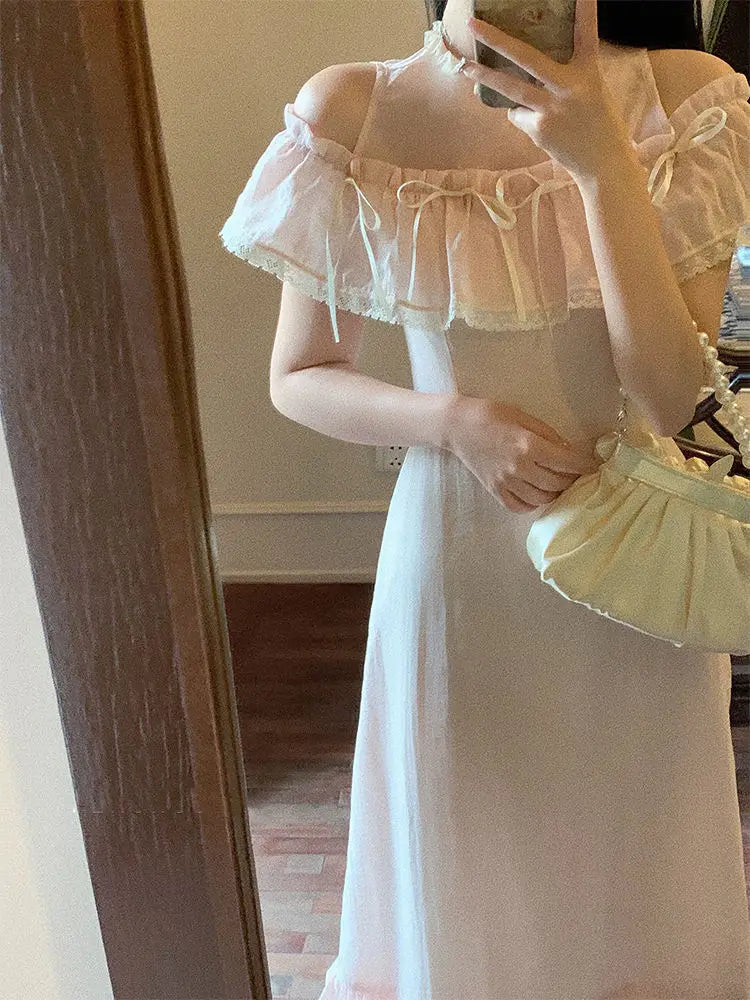 Aiertu  -   summer sweet girls pink long dress lace splicing ruffled off shoulder o neck short sleeve high waist slim a line dresses Aiertu