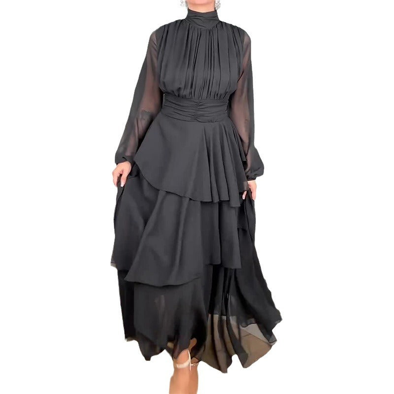 Aiertu 2025 New French Hepburn Wind Solid Color High Collar Waist Cake Dress Woman-Outfit Ideas Aiertu