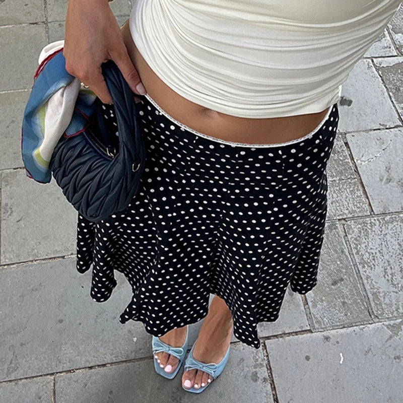 Aiertu  -  party look snspos Y2K Women Dot Print Classy Skirt High Street Ruffles Hem Wrap Mid Skirt Lady Elegant Spring Casual Vacation Outfits Aiertu