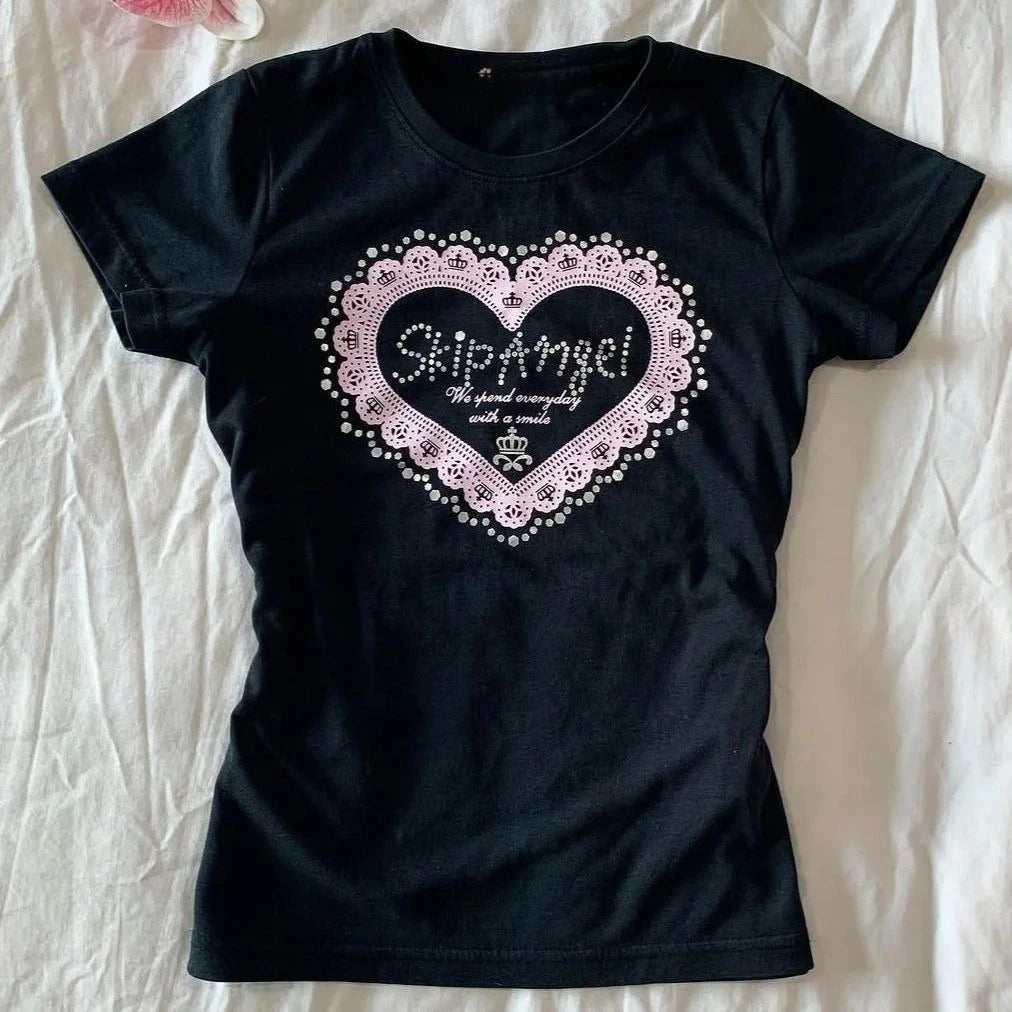 Aiertu  -  Y2k Aesthetic Love Letter Printing Tops 2025 Summer Women Streetwear Black T-shirts Harajuku Casual Slim Fit Grunge Fairy Tees Aiertu