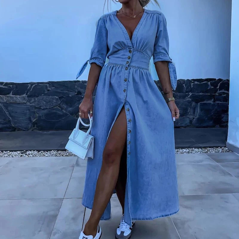 Aiertu  -  Fashion Single-breasted V-neck Denim Dress Elegant Hight Waist Tie-up Half Sleeves Party Dress Casual Solid Long Dress Vestidos Aiertu