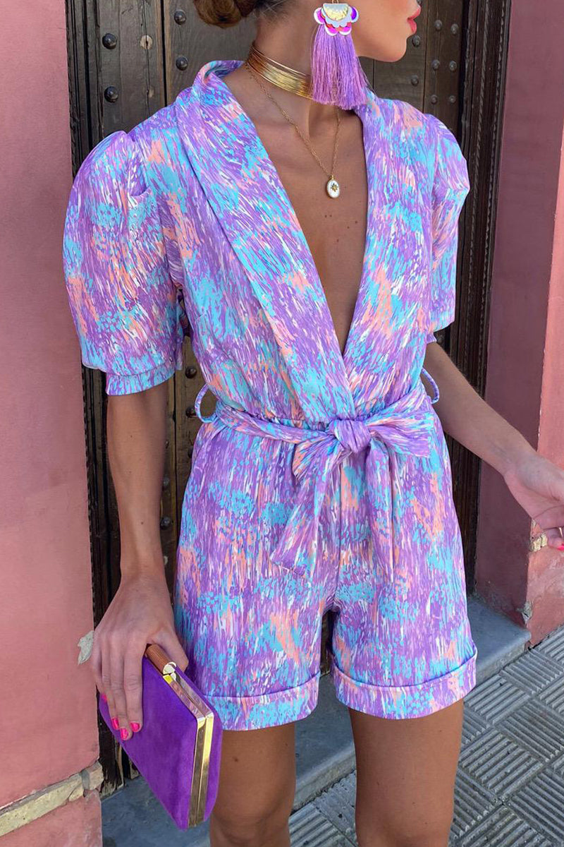 Aiertu  -  Casual Print Bandage Turn-back Collar Loose Rompers Aiertu