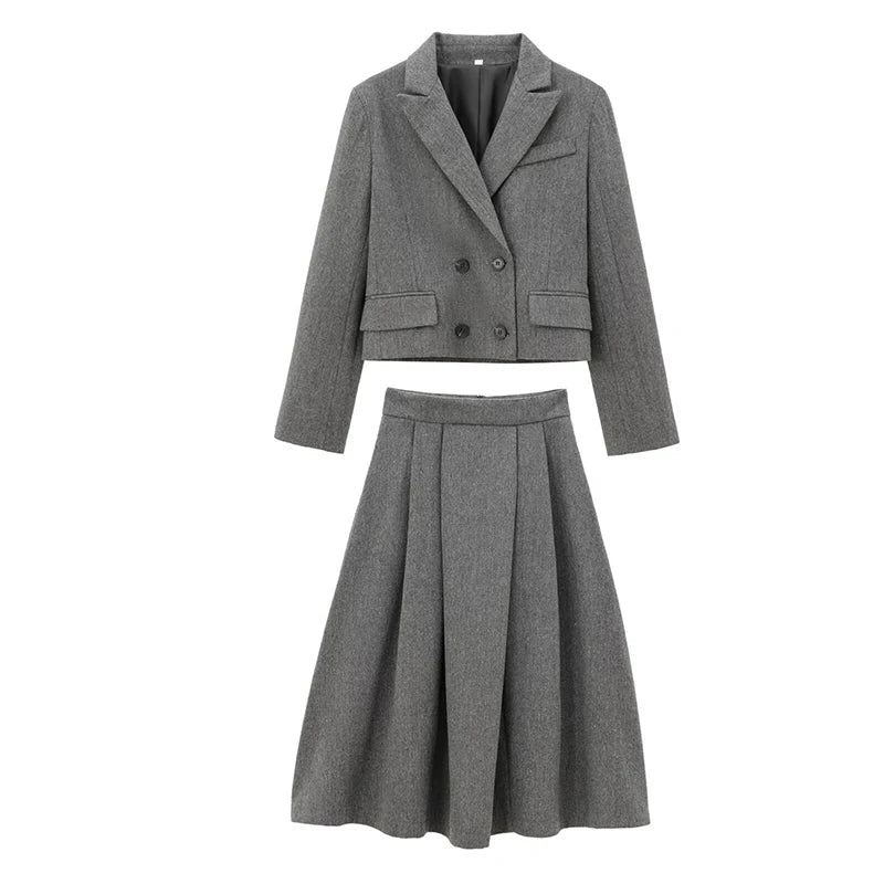 Aiertu  -  High Street Women Gray Double Breasted Elegant Crop Blazer Long Sleeve Lapel Collar  Business Suit Jacket Aiertu