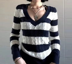 Aiertu  -  High End Blue Whiter Constrast Color Striped V Neck Sweaters Office Lady Harajuku Lazy Base Streetwear Pullovers Women Clothes Aiertu