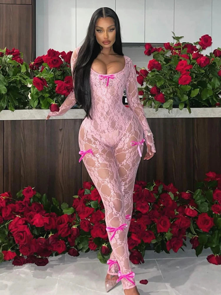 Aiertu  -  See Through Mesh Sexy Jumpsuit Women Bow Splice Long Sleeve Bodycon One Piece Hot Girl Party Sexy Club Overalls For Woman Aiertu