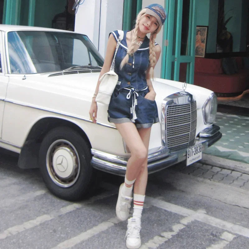 Aiertu  -  Sweet Hot Girl Denim Suit Women's Summer Sailor Collar Sleeveless Top Loose Wide Leg Shorts Two-piece Set Fashion Female Clothes Aiertu
