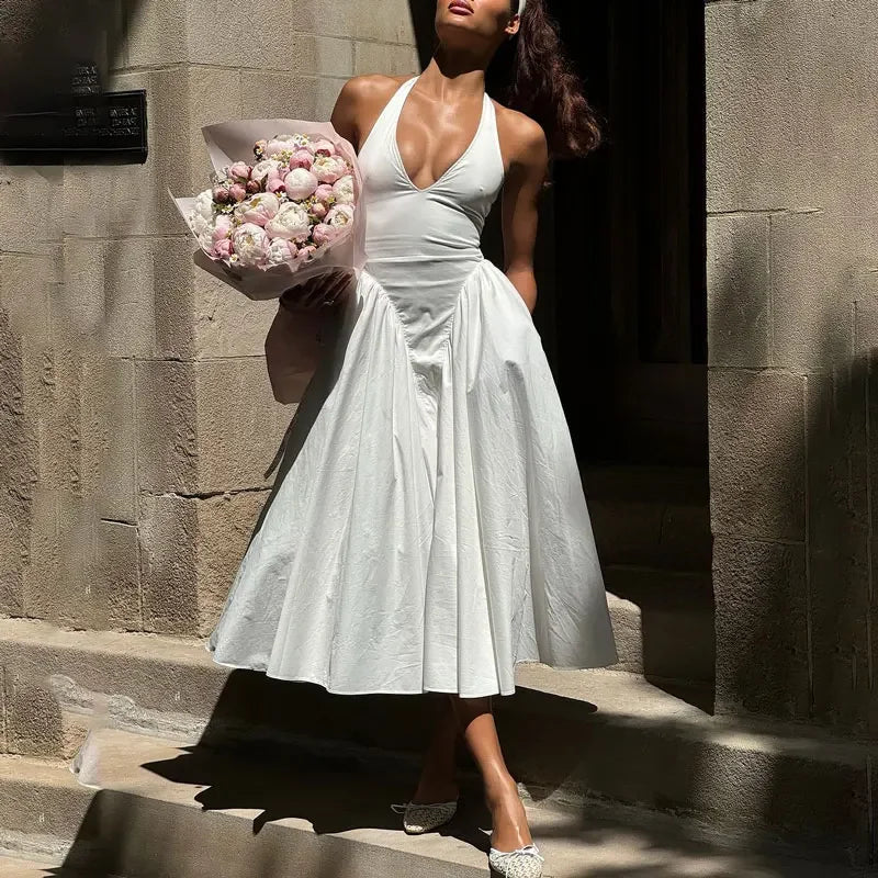 Aiertu  -  Sexy Deep V Hollow Halterneck Large Hem Dress For Women Solid High Waisted Backless Splice Summer New Vacation Long Dress Aiertu