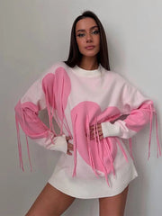 Aiertu  -  Chic Sweet Love Heart Print Tassels Spliced Y2k Sweater Women O-neck Long Sleeves Casual Jumpers Lady Elegant Knitted Pullover Aiertu