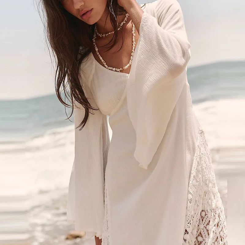 Aiertu  -  Casual Solid Flare Long Sleeved Dresses Elegant V Neck Lace Up Beach Vacation Dresses Fashion Lace Embroidery Women Long Dresses Aiertu