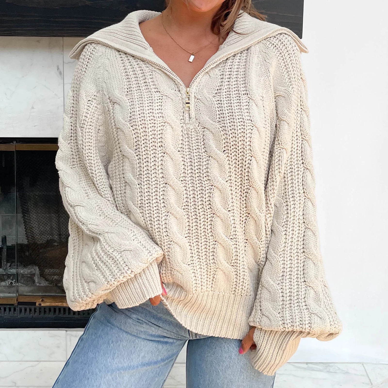 Aiertu  -  Women Cable Knit Chunky Sweater Comfy Long Sleeve Quarter Zip Knitted Pullover Fall Winter Trendy Half Zip Knitwea Aiertu