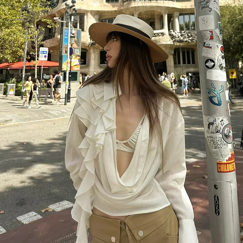 Aiertu  -  Deep V-Neck Hollow Lace Top For Women Mesh Sexy See Through T-Shirt Pullover Loose Ruffled Splice Long Sleeve Top Fashion Aiertu