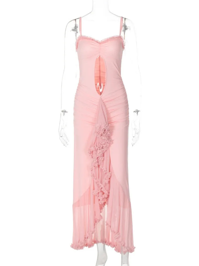 Aiertu  -  Woman Clothing 2026 Summer Sexy Hollow Out Ruched Mesh Evening Dress Female Sleeveless Irregular Slim Long Party Dresses Pink Aiertu