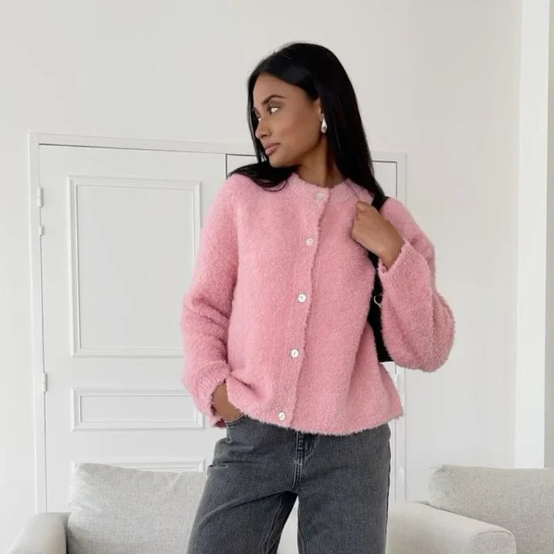 Aiertu  -  Casual Knit Single Breasted Cardigans Women O-neck Long Sleeve Fluffy Short Sweaters Cardigan 2026 Autumn New Lady Elegant Tops Aiertu