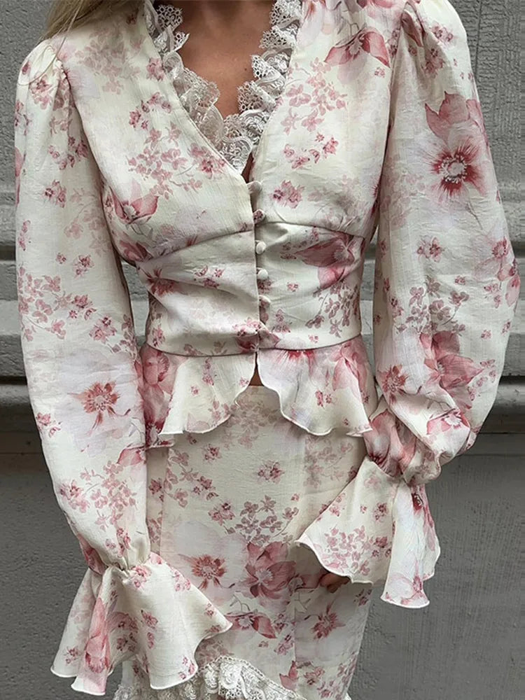 Aiertu  -  Lace Print Shirt Top Half Skirt Two Piece Set Flared Sleeve V-Neck Ruffled Waist Cinched Women Blouse High Waist Long Skirts New Aiertu