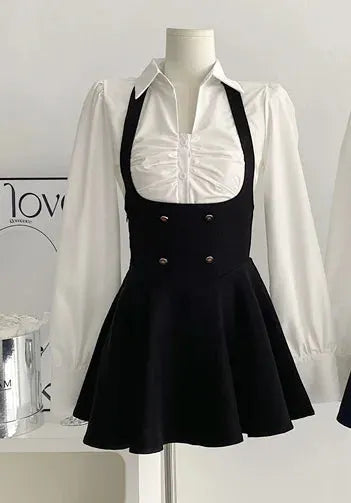 Aiertu 2025 spring fashion trend Korean Women Cropped Coat Long Sleeve Shirt High Waist Halter Ruffles Mini Dress Chic Fashion Sexy Outfits Y2K 3 Piece Set  New Aiertu