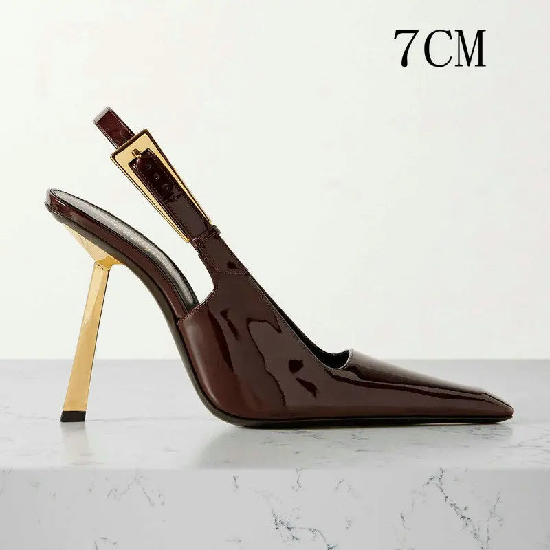 Aiertu  -  Spring And Summer New Black Patent Leather High Heels Women Slim Heel Shoes Temperament Minority Pointed Sandals Aiertu