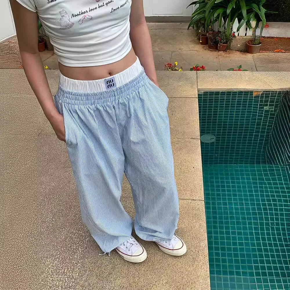 Aiertu  -  Fake two-piece striped trousers for men and women 2026 summer new casual wide-leg design lazy style thin straight pants Aiertu