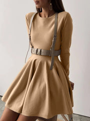 Aiertu  -  Round Neck Waist Cinched Knitted Dress Slim Fit Fashionable Ladies Versatile Ins Style Pleated Women's A-line Dresses Aiertu