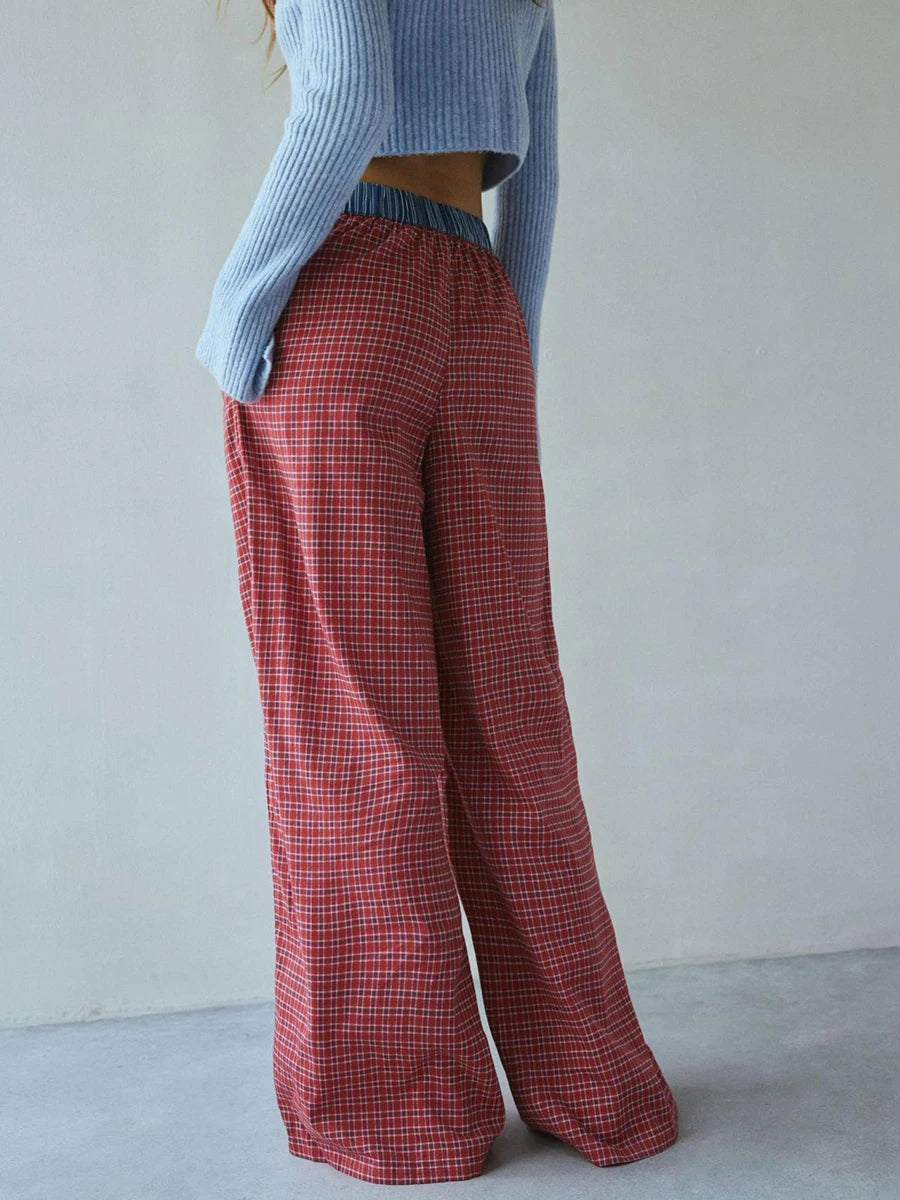 Aiertu  -  2025 New Red Plaid Contrast Wide Leg Pant Women Buttons Elastic Mid Waist Casual Pants Spring Summer Chic Casual Vintage Trouser Aiertu